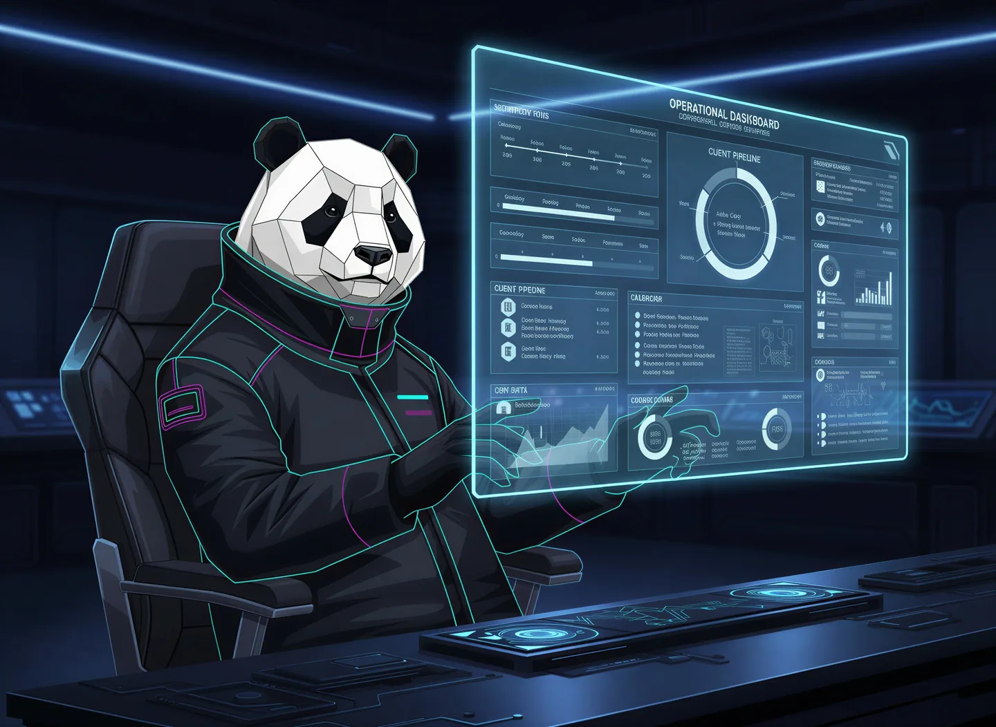 Illustrated panda reviewing a consultancy operations dashboard