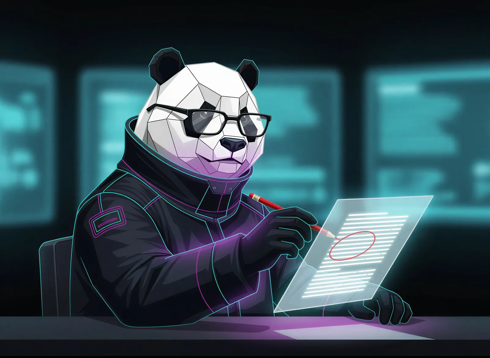 A panda reading a draft and marking it up by hand