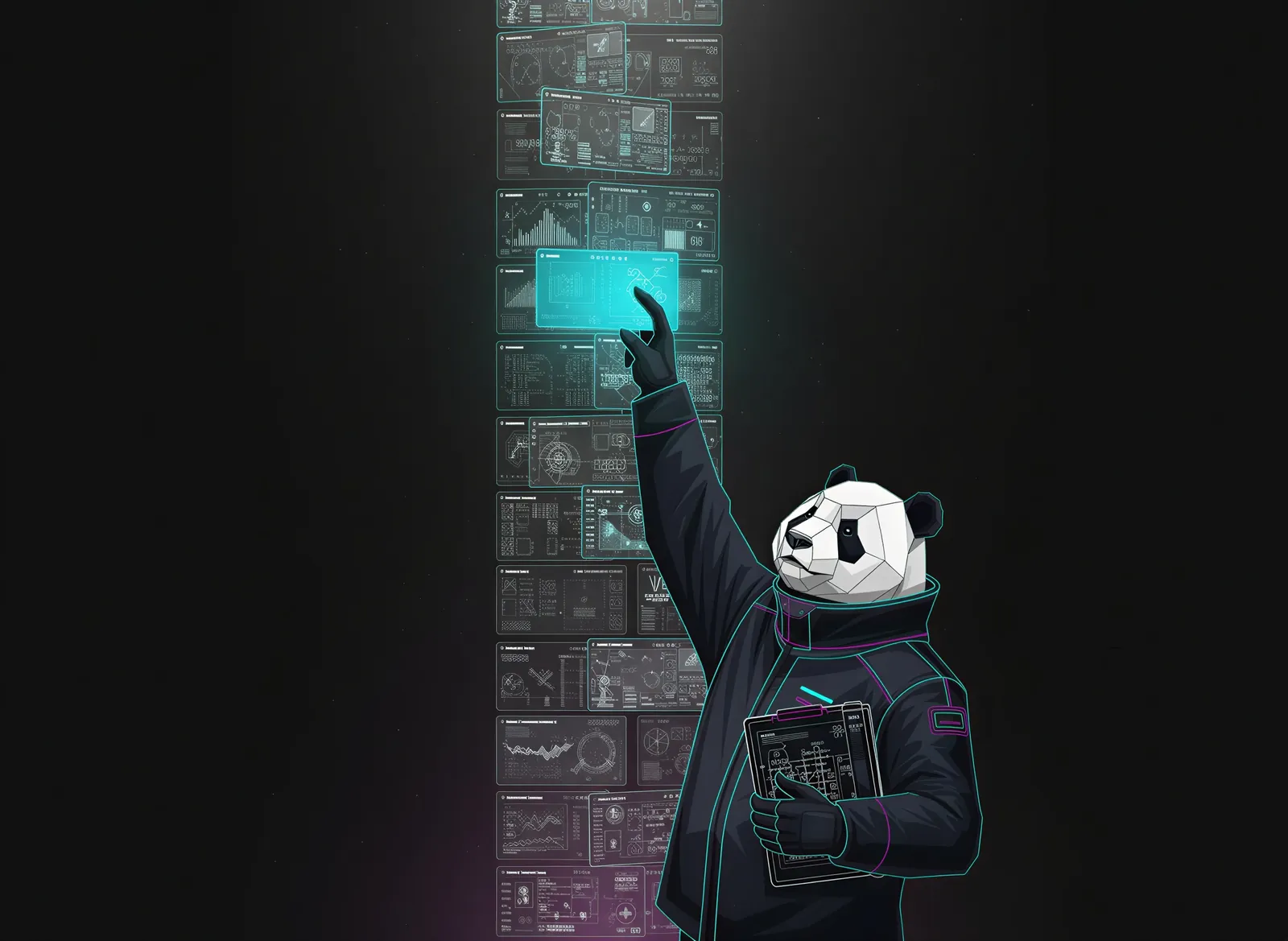 A panda putting one record right on a wall of catalogue screens