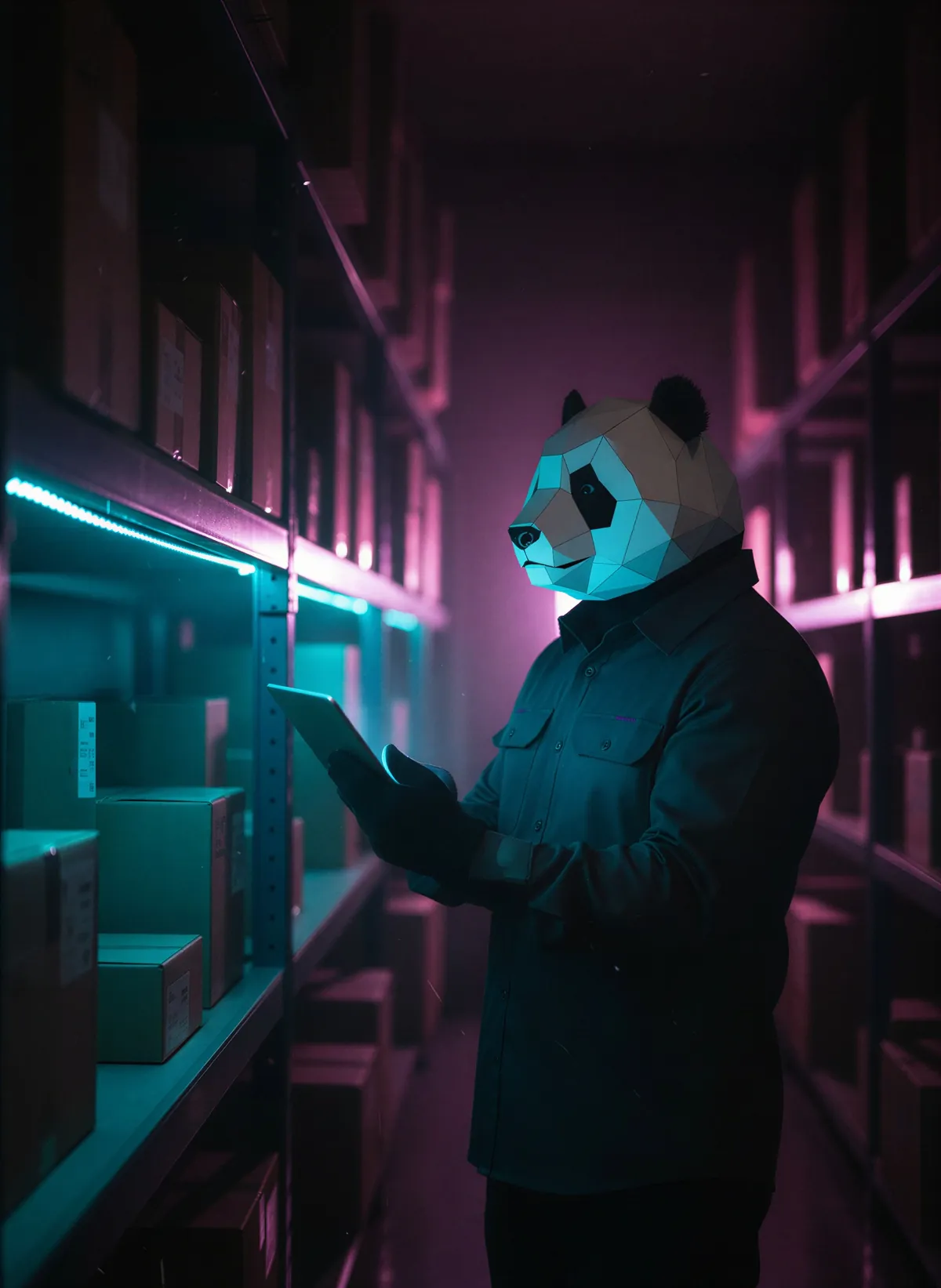 A panda checking stock on a tablet in its own warehouse aisle