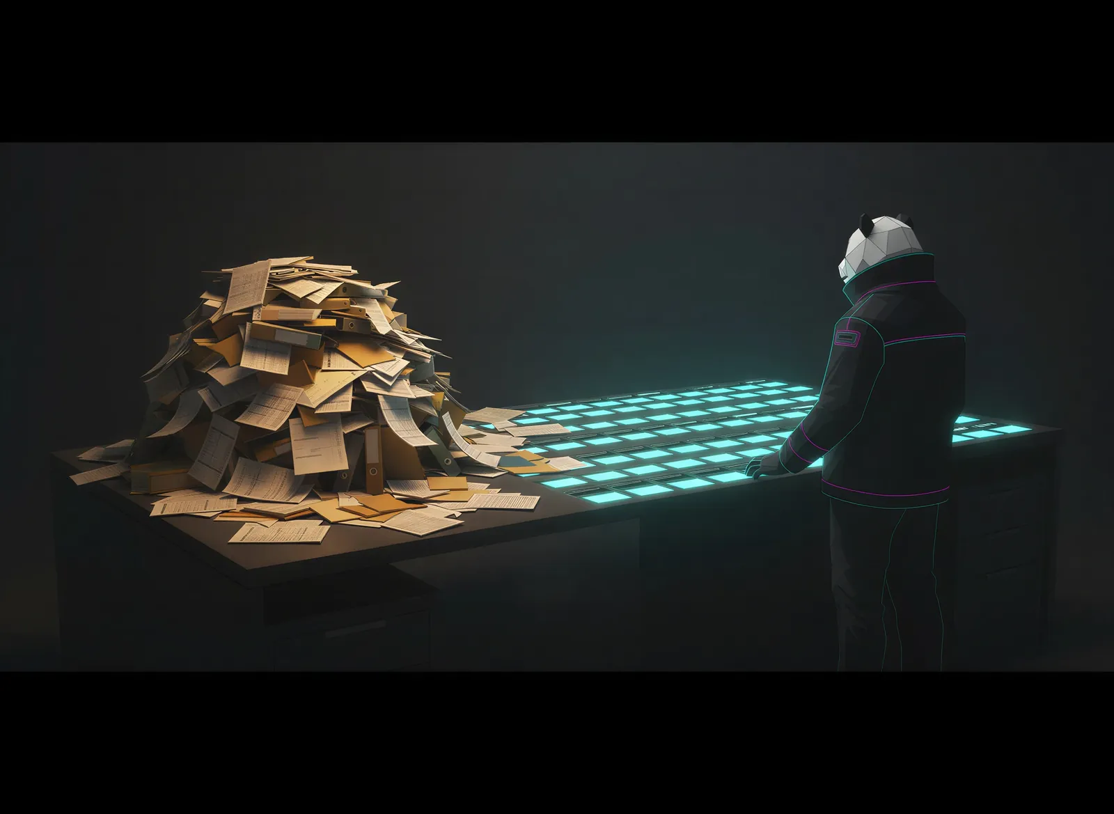 A heap of paper spreadsheets beside one lit grid of clean product records