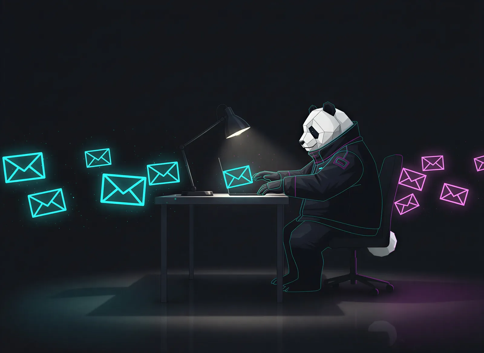 A panda working an inbox of enquiries, one reply at a time